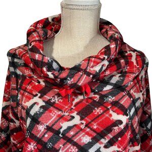 Cuddl Duds Red Plaid Reindeer Cowl Neck Pullover Holiday Top Women’s Large